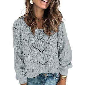 Women's Grey Cute Elegant Soft Crew Neck Long Sleeve Knit Pullover Sweaters